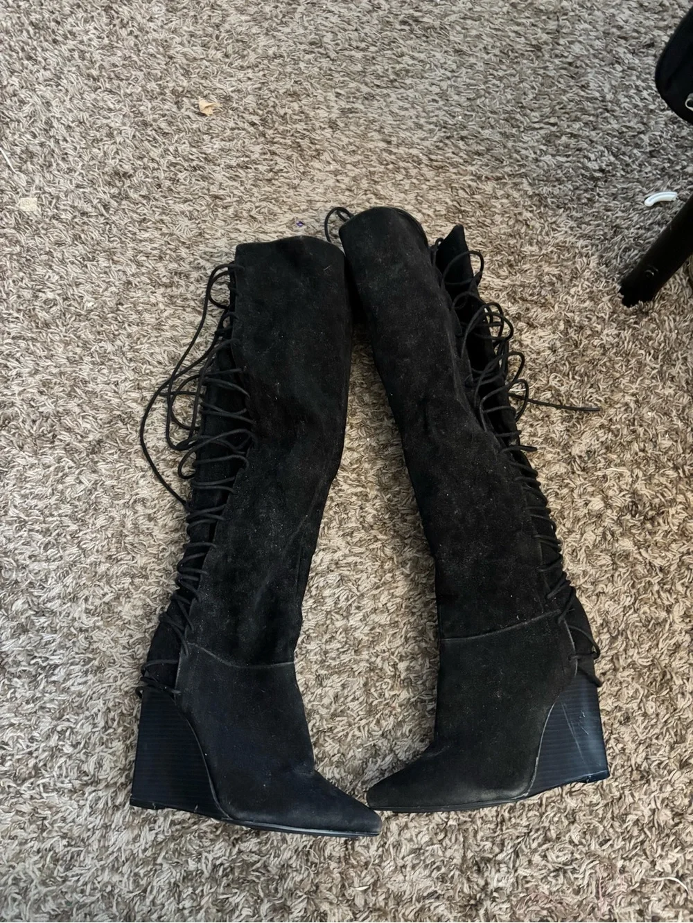 Bakers Black Lace-Up Over-the-Knee Wedge Boots